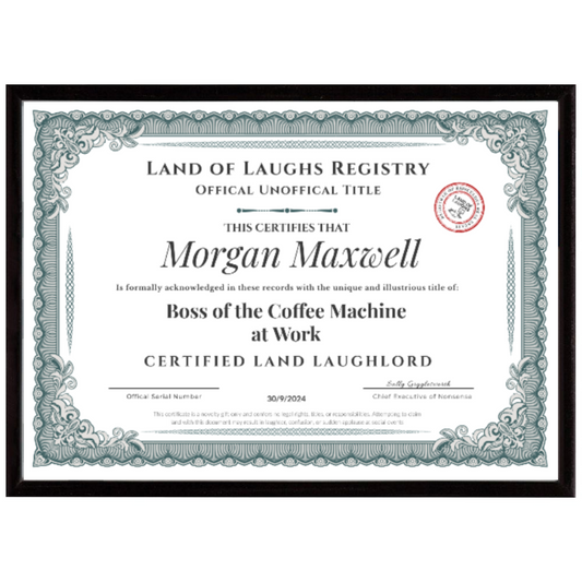 Certificate (funny gift) – Printed, Framed, Delivered