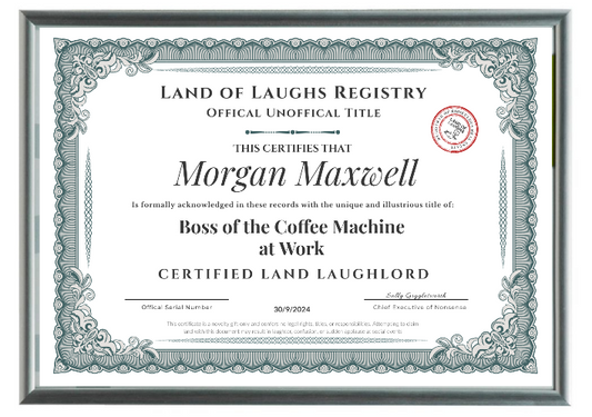 Certificate (funny gift) – Printed, Framed, Delivered